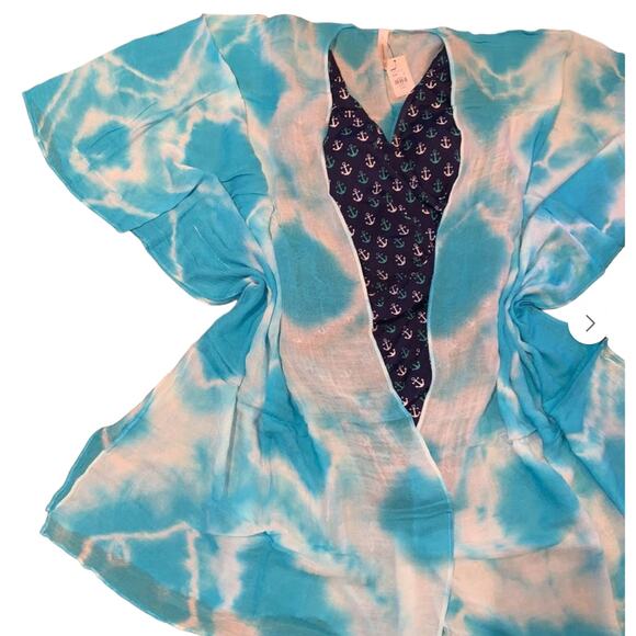 NWT Francesca's Turquoise & White Tie-Dye Kimono/Coverup - ONE SIZE - Picture 8 of 9